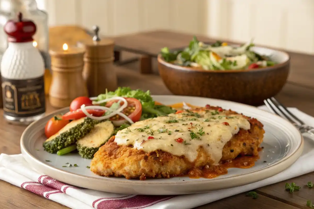 Parmesan Crusted Chicken Longhorn served with roasted vegetables and mashed potatoes