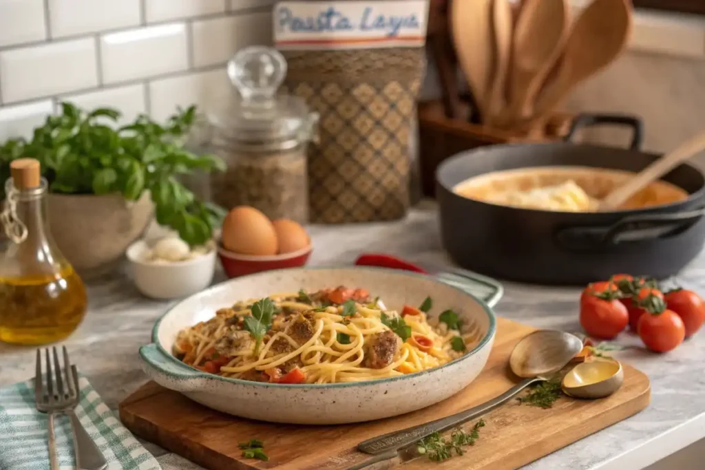 "Pastalaya dish served in a rustic bowl, filled with Cajun-seasoned pasta, smoked sausage, chicken, and colorful vegetables."