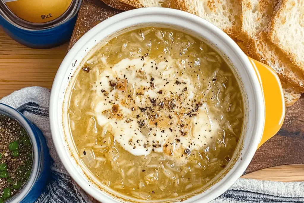 French Onion Rice Casserole with Golden Cheese Topping