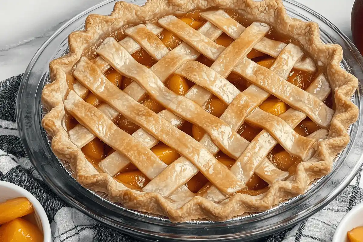 A freshly baked peach pie with a golden, flaky crust, filled with tender canned peaches in a glossy syrup, served on a rustic wooden table with a slice cut out and ready to enjoy.