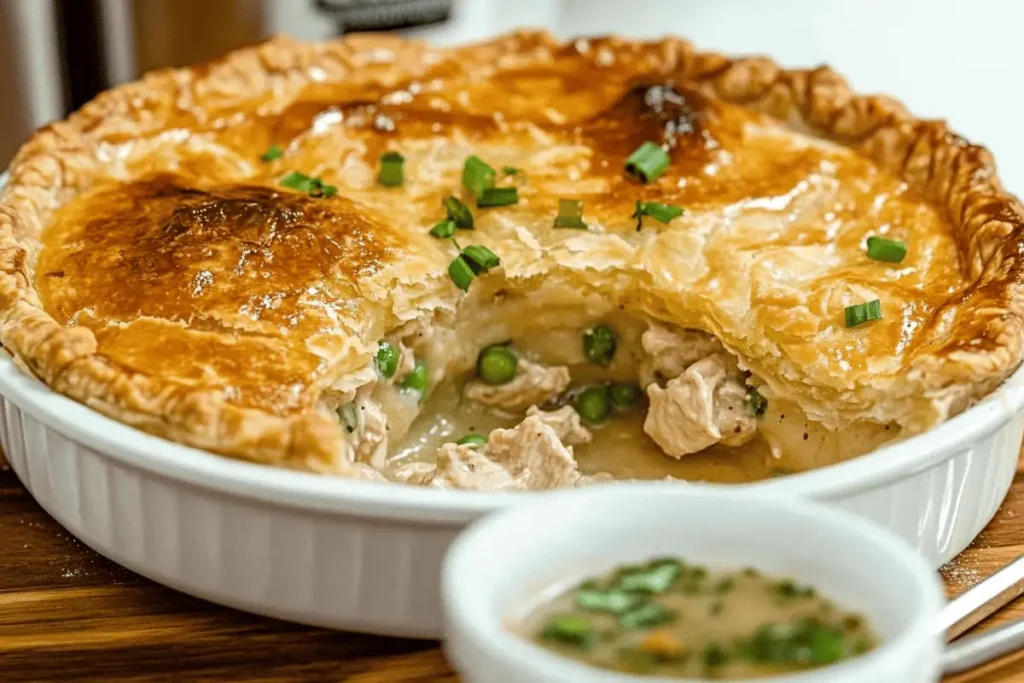 "Homemade chicken pot pie with a golden, flaky crust and creamy chicken and vegetable filling."