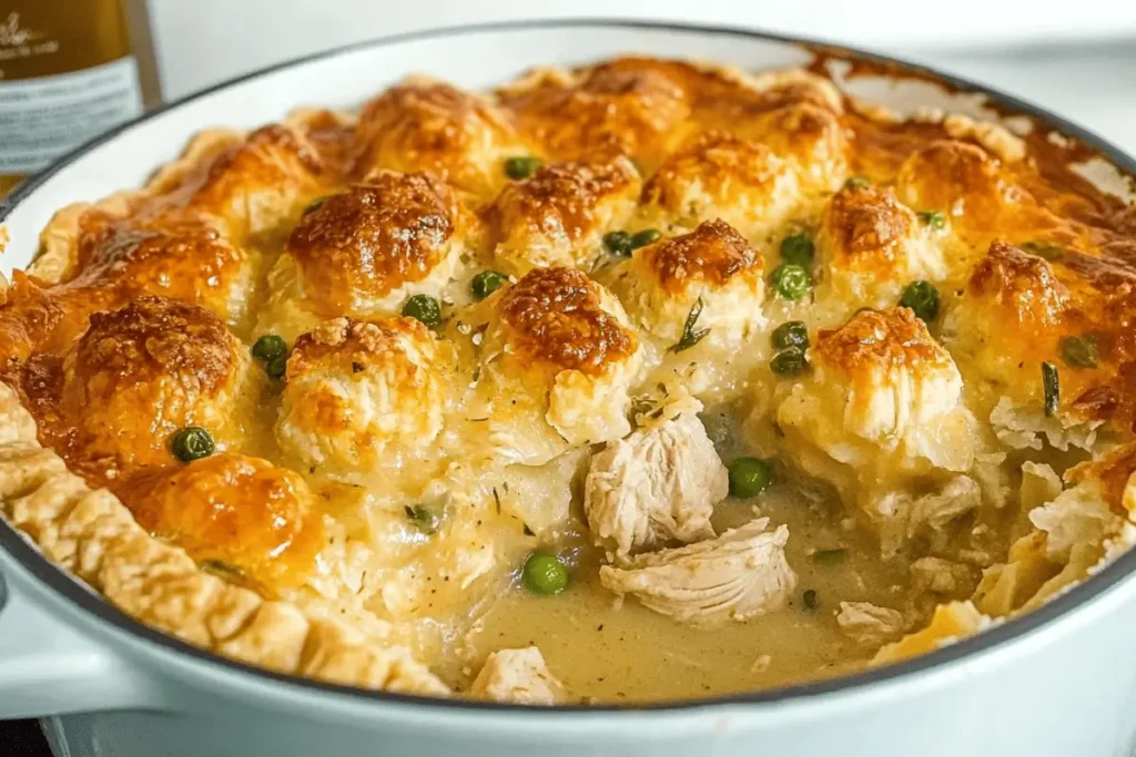 "Golden-brown homemade chicken pot pie with a flaky crust, filled with creamy chicken and vegetable filling."