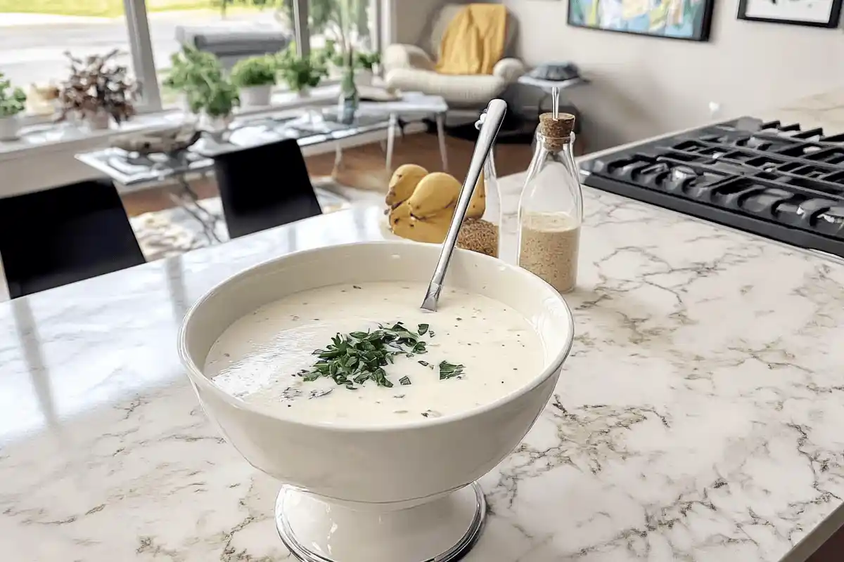 "Parmesan garlic sauce served in a white bowl, garnished with fresh parsley, surrounded by grated Parmesan, garlic cloves, and a wooden spoon."