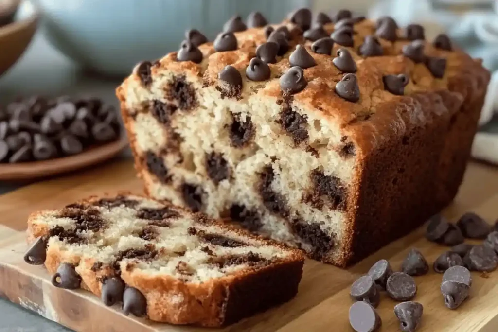 "Freshly baked chocolate chip bread sliced to reveal a soft, moist interior with melted chocolate chips."