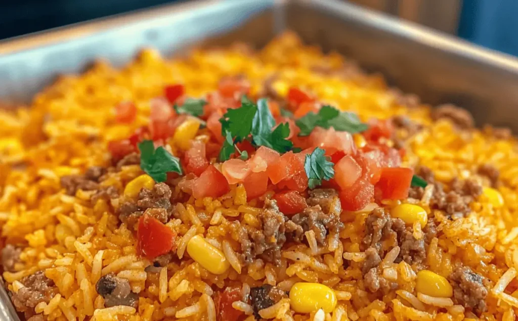 A vibrant bowl of taco rice garnished with fresh cilantro, diced tomatoes, shredded cheese, and a dollop of sour cream.