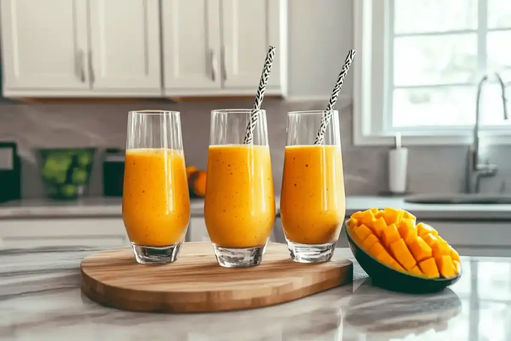 "Refreshing mango smoothie served in a glass, garnished with a slice of fresh mango and a mint leaf."