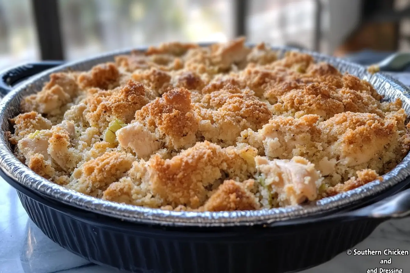 "Golden-brown Southern chicken and dressing served in a casserole dish, garnished with fresh herbs for a classic comfort food presentation."