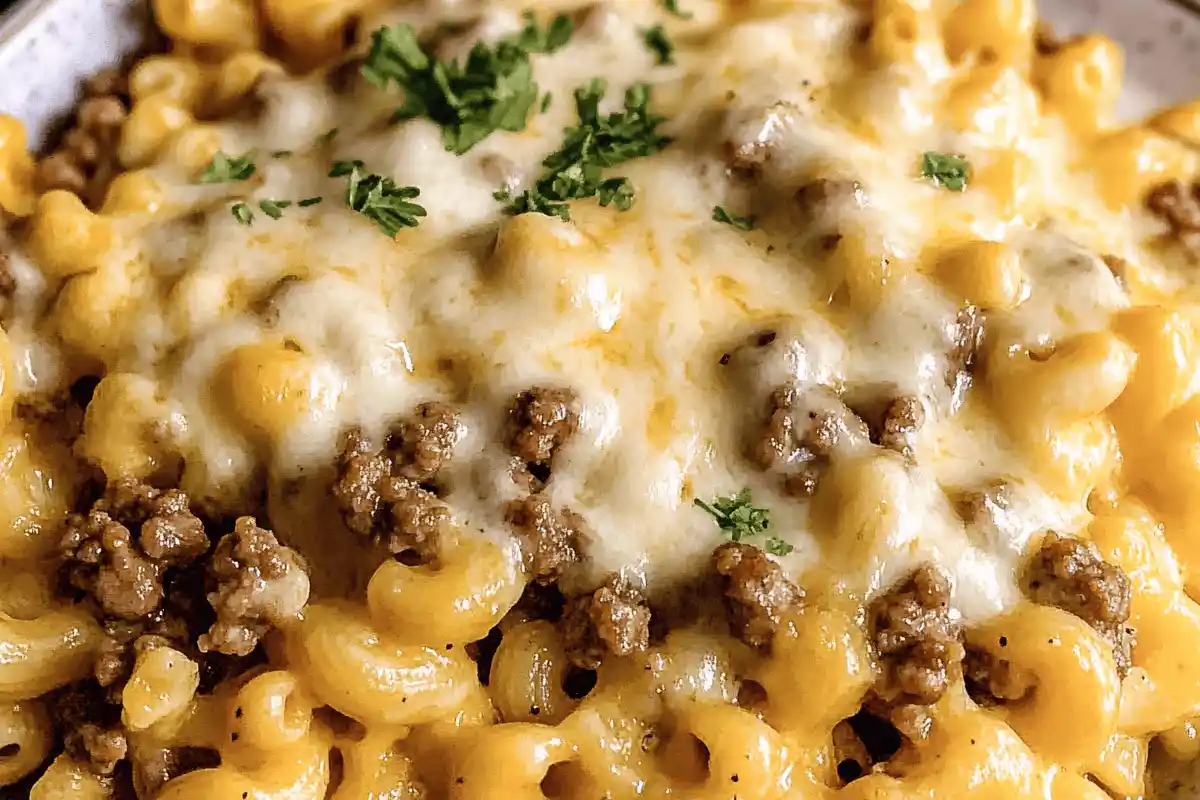 A hearty bowl of cheese and hamburger macaroni, featuring tender elbow pasta coated in a creamy cheese sauce with seasoned ground beef, garnished with chopped parsley and served with a fork on the side.