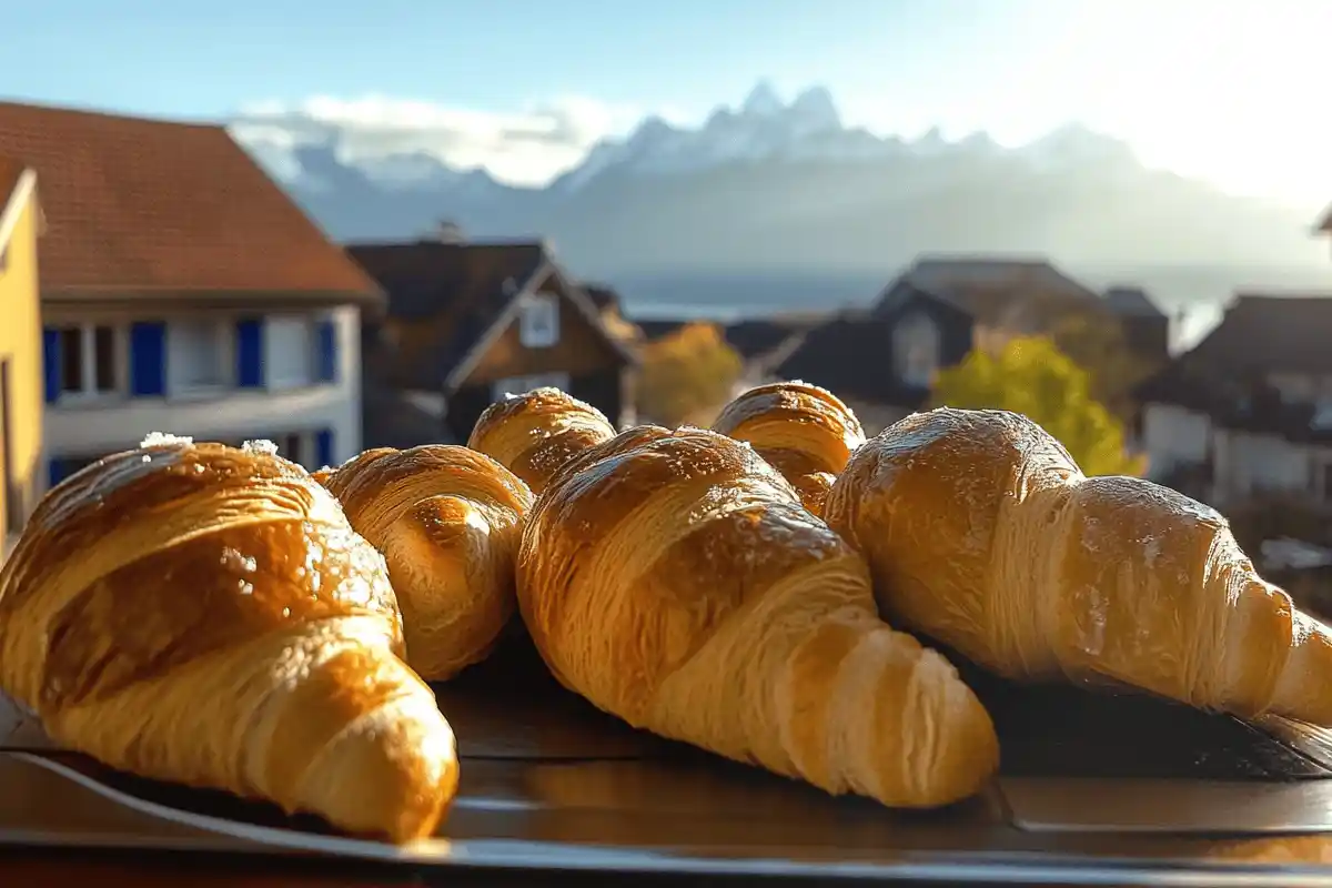 Golden-brown Swiss Gipfeli pastries with perfectly flaky layers, arranged on a wooden board with a cup of coffee in the background.