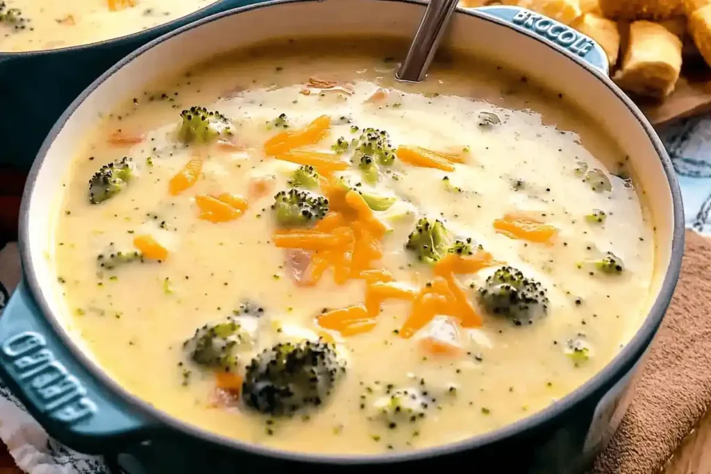 A bowl of homemade Panera Broccoli Cheddar Soup garnished with shredded cheese and parsley, served in a crusty bread bowl with a spoon.