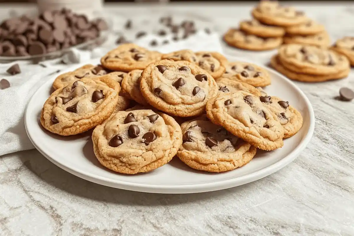 A plate of freshly baked Nestle Toll House chocolate chip cookies with golden edges and gooey chocolate chips, surrounded by baking ingredients like flour, chocolate chips, and a whisk.