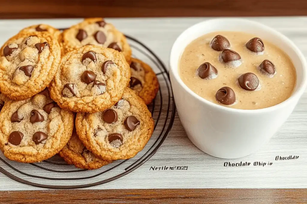 Close-up of warm, freshly baked Nestle chocolate chip cookies piled on a cooling rack, showcasing their gooey chocolate chips and golden-brown texture, with a glass of milk in the background.