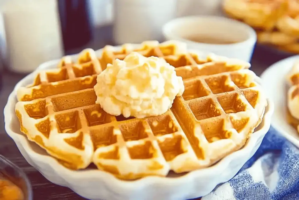 "Golden, fluffy American waffles stacked on a white plate, topped with fresh strawberries, blueberries, and a drizzle of maple syrup, served with a pat of butter."