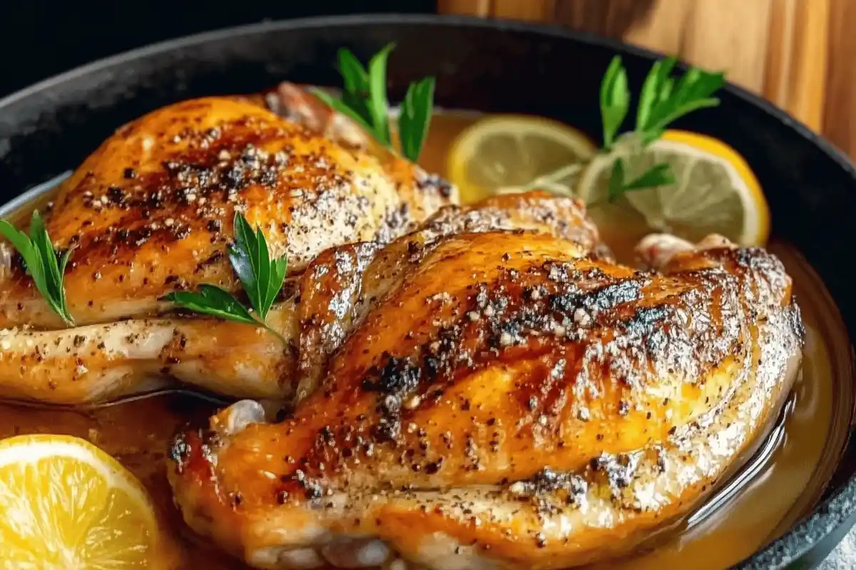 A plate of Galena chicken featuring golden-brown, herb-crusted chicken breasts served with a side of roasted vegetables and a drizzle of savory sauce, garnished with fresh thyme.