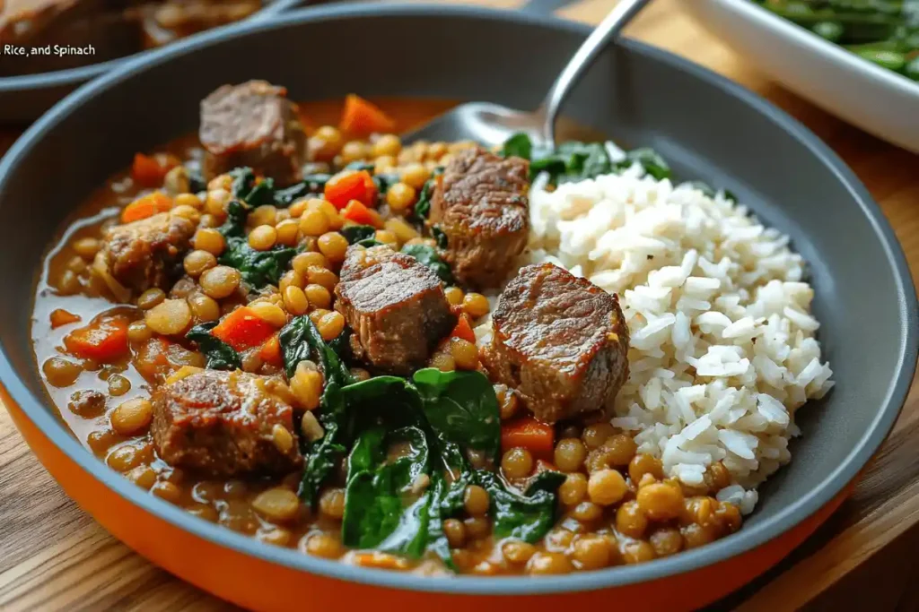 A hearty Lamb Lentil Spinach Recipe served in a rustic bowl, featuring tender lamb, lentils, rice, and fresh spinach, garnished with herbs.