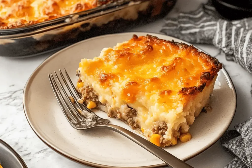 A hearty slice of Velveeta Shepherd's Pie topped with creamy mashed potatoes and golden melted cheese, served with fresh parsley garnish.