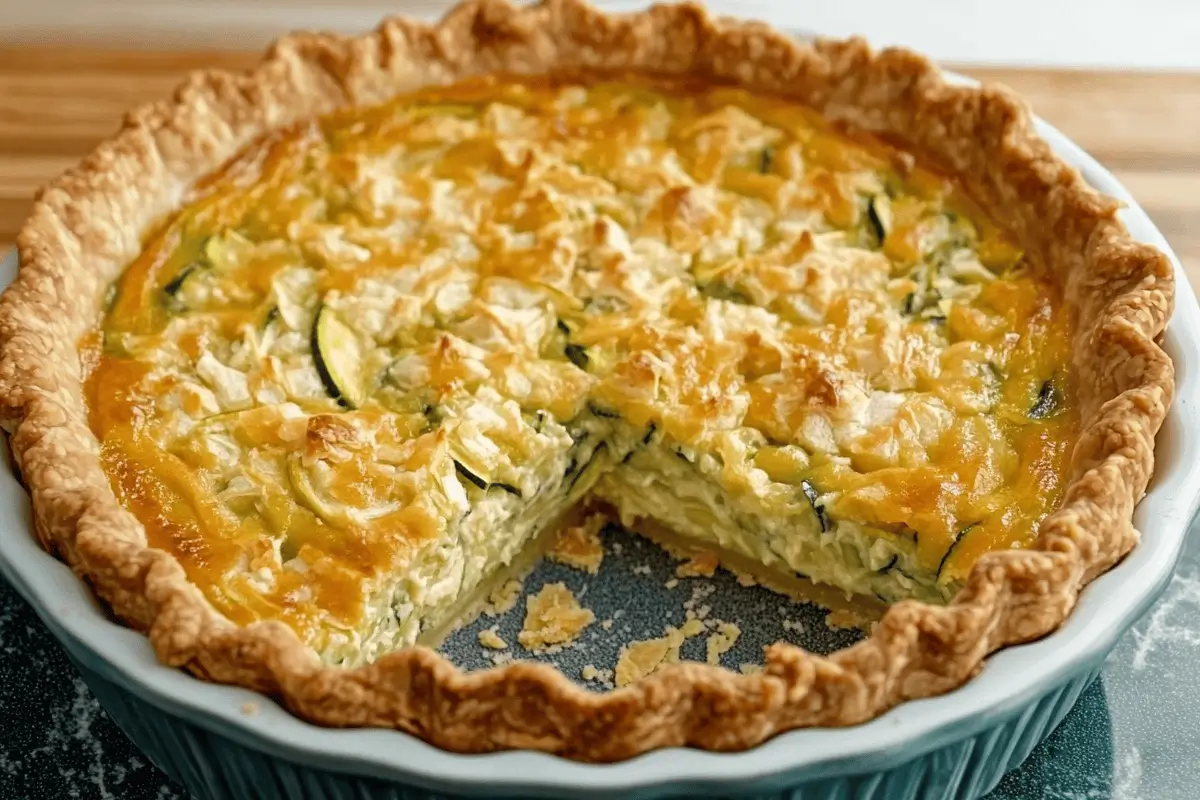 "Golden-brown zucchini pie with a flaky crust, filled with shredded zucchini, cheese, and herbs."