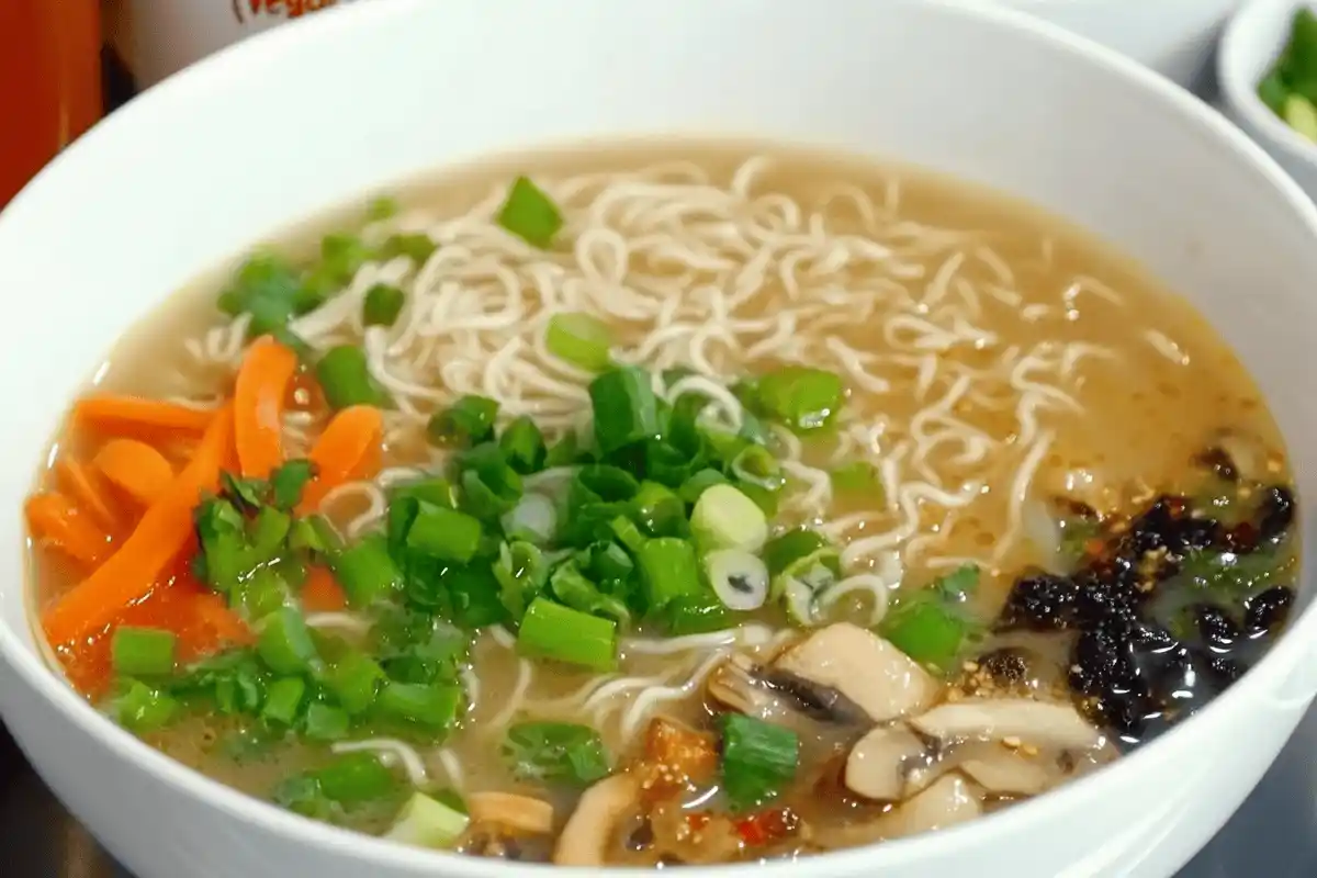 A bowl of Asian noodle soup vegan recipe with rice noodles, tofu, and vegetables, garnished with cilantro and sesame seeds