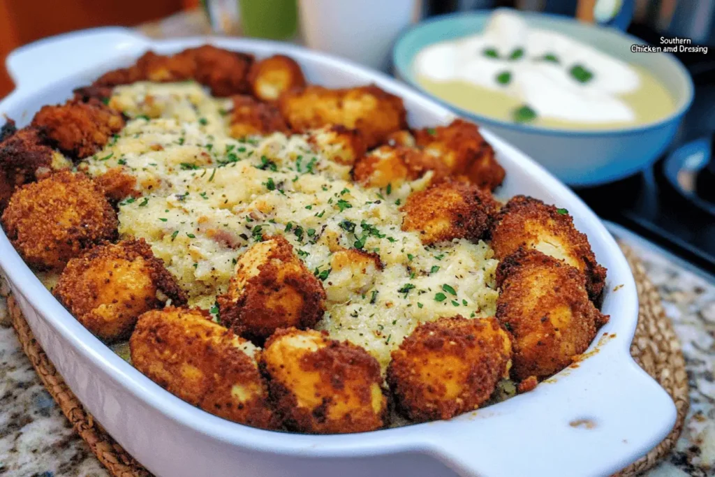 Southern chicken and dressing casserole, golden-brown and garnished with fresh herbs, served in a baking dish."