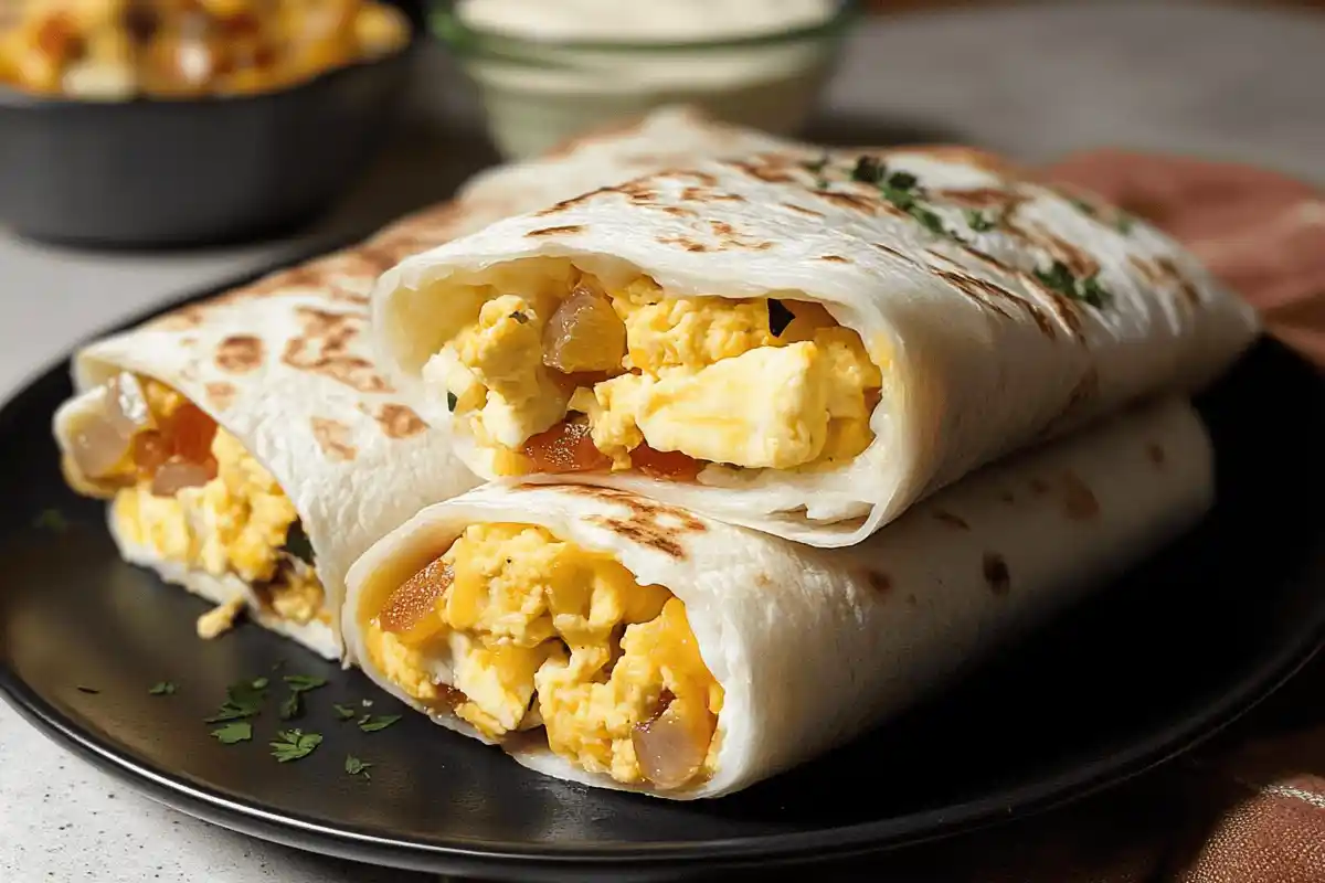 "A neatly sliced egg burrito revealing colorful layers of eggs, vegetables, and melted cheese, served on a white plate with a side of salsa and garnished with fresh cilantro."