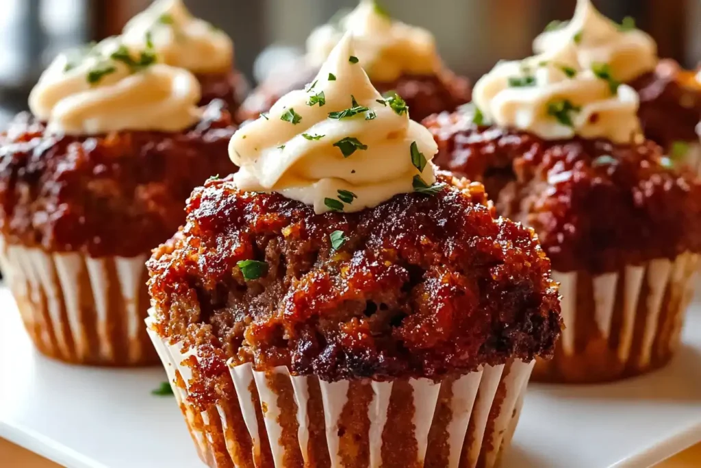 A tray of meatloaf cupcakes topped with creamy mashed potato "frosting," garnished with fresh parsley, and served on a rustic table with a side of vegetables.