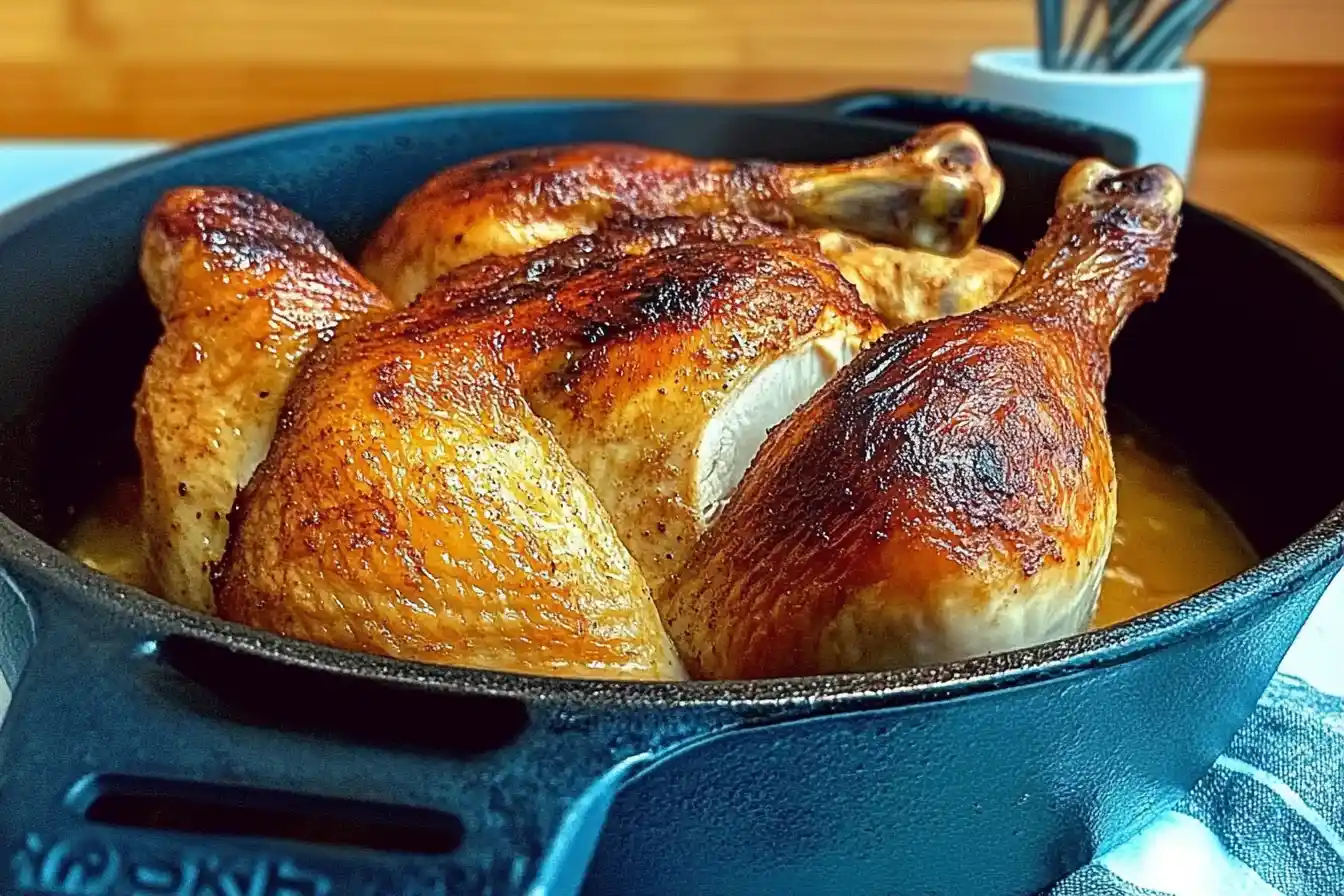 "A whole raw chicken on a cutting board with fresh herbs and garlic."