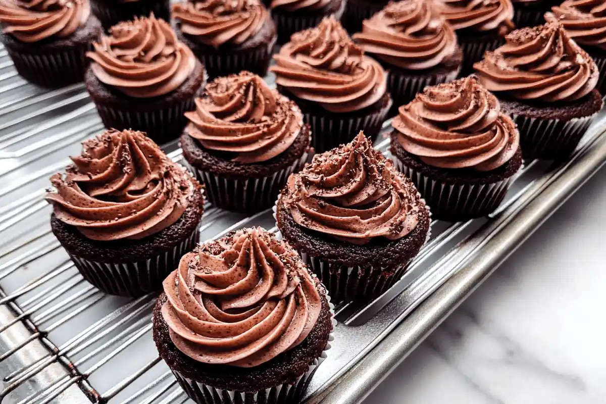 "A batch of chocolate espresso cupcakes topped with creamy espresso frosting and garnished with chocolate shavings, displayed on a wooden table."