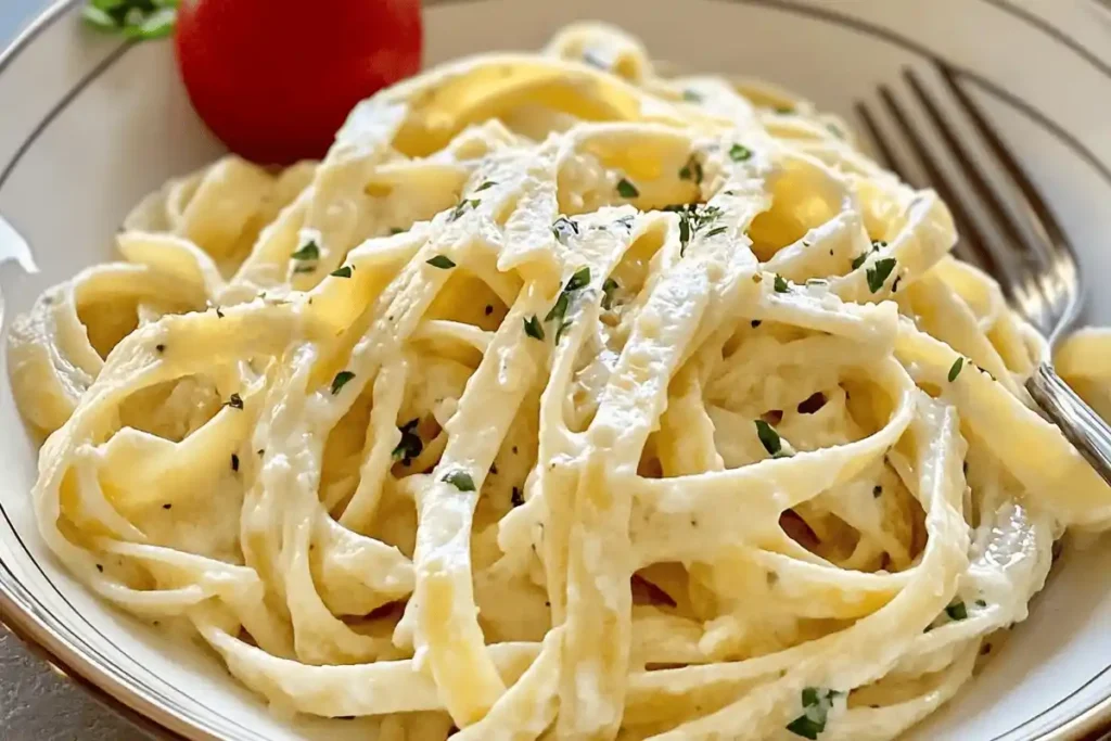 Easy Boursin Pasta served in a white bowl, garnished with fresh parsley and cracked black pepper, placed on a wooden table