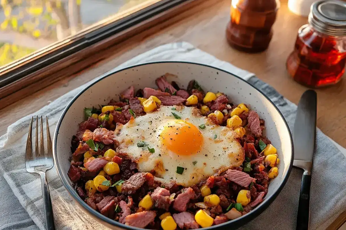 "Homemade corned beef hash with crispy potatoes, tender corned beef, and fried eggs, garnished with fresh parsley."