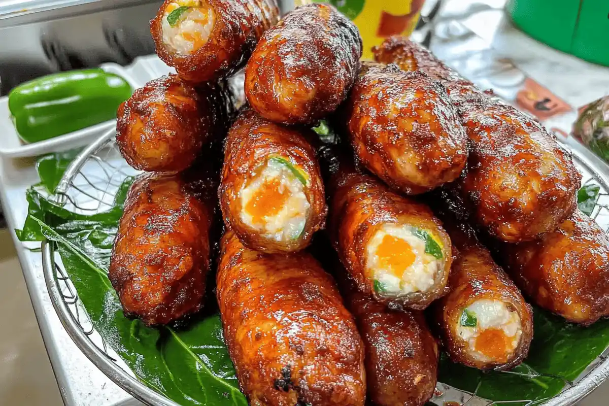 "Golden-brown Armadillo Eggs wrapped in crispy beef, stuffed with cheese and jalapeños, served on a wooden platter with BBQ sauce on the side."