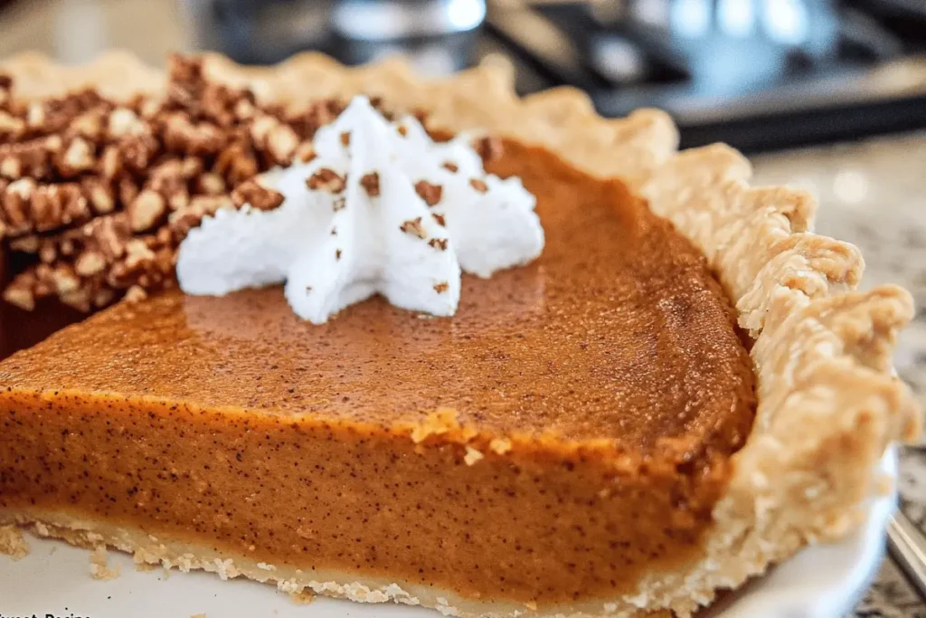 "Homemade pumpkin sweet potato pie with a golden crust, sliced and garnished with whipped cream and cinnamon."