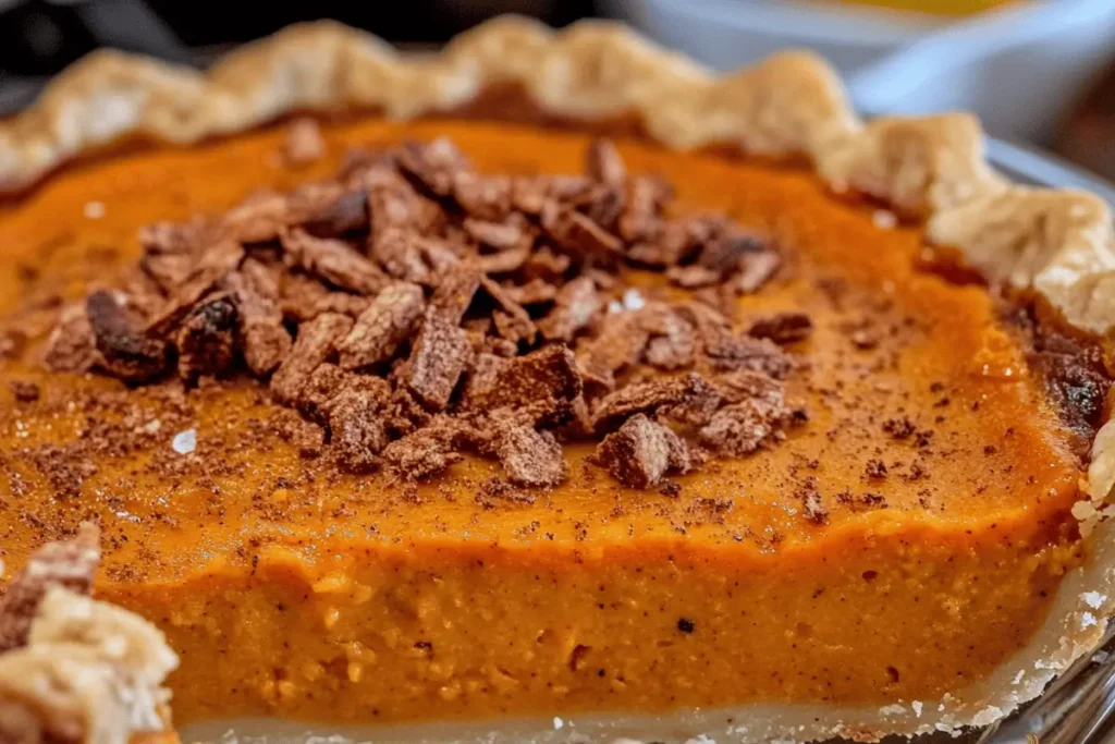 "Pumpkin sweet potato pie with a golden crust, topped with whipped cream and a sprinkle of cinnamon."