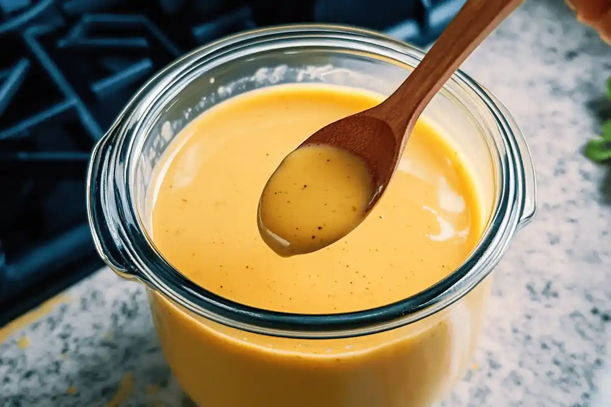 "A bowl of smooth, golden Honey Mustard Sauce with a drizzle of honey and mustard seeds on top, surrounded by fresh lemon slices and a wooden spoon."