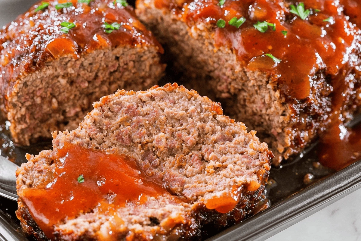 "Juicy meatloaf made with onion soup mix, sliced and served on a plate with a savory glaze."