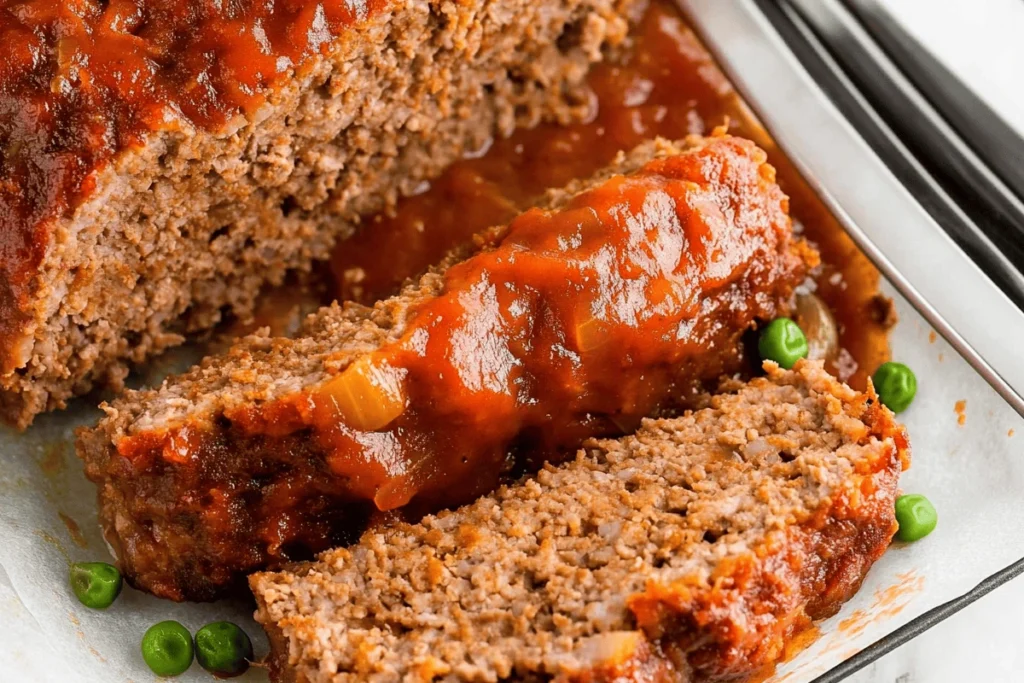 "Homemade meatloaf prepared with onion soup mix, sliced and garnished with a savory glaze, served on a white plate."