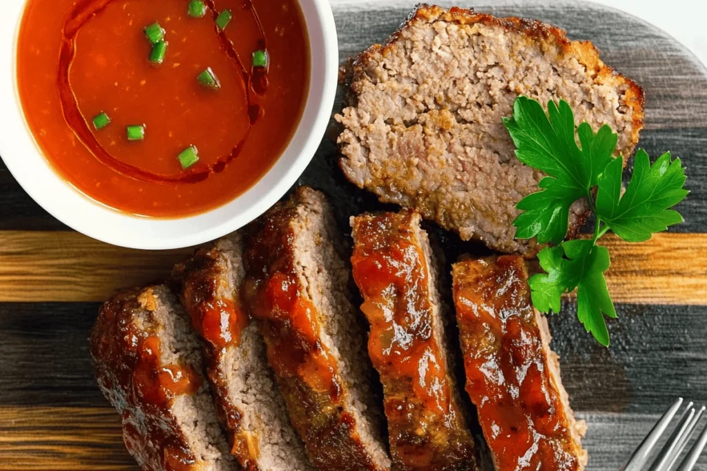 "Homemade meatloaf prepared with onion soup mix, sliced and garnished with a savory glaze, served on a white plate."