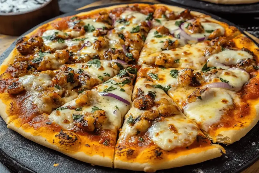 A delicious Indian pizza topped with paneer, tandoori chicken, bell peppers, red onions, and fresh cilantro on a crispy naan crust, served on a wooden board with a side of mint chutney.