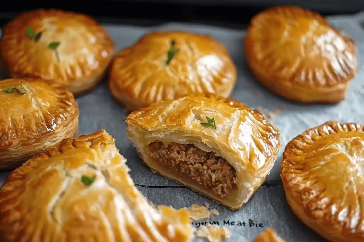 "A golden, flaky Nigerian Meat Pie sliced open to reveal a filling of minced meat, diced potatoes, and carrots, served on a wooden plate."