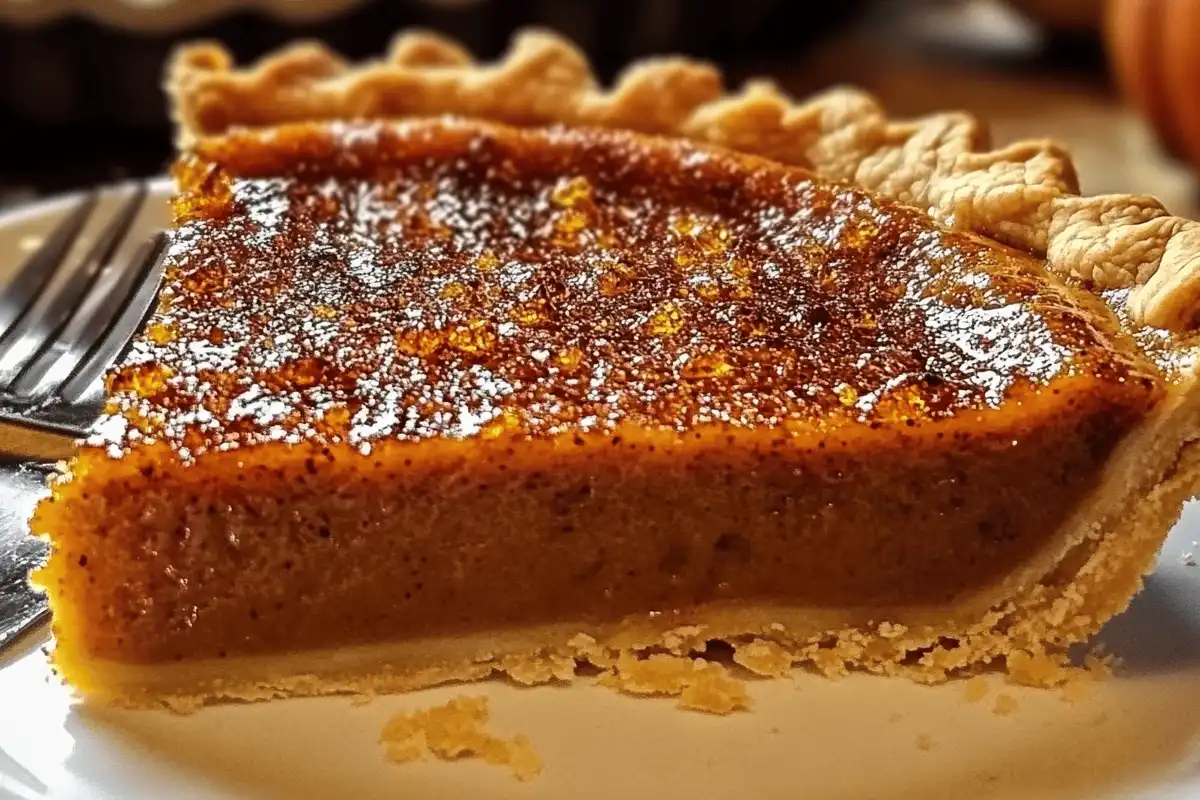 A bourbon brûlée pumpkin pie with a caramelized sugar topping, creamy pumpkin filling, and a golden, flaky crust, garnished with a dollop of whipped cream and a sprinkle of cinnamon, served on a festive autumn table.