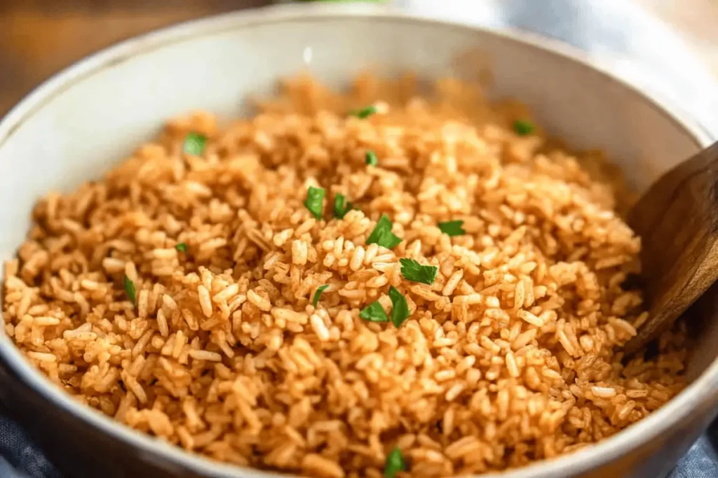 A plate of Texas Roadhouse-style rice, cooked to perfection with savory seasonings, garnished with fresh parsley.