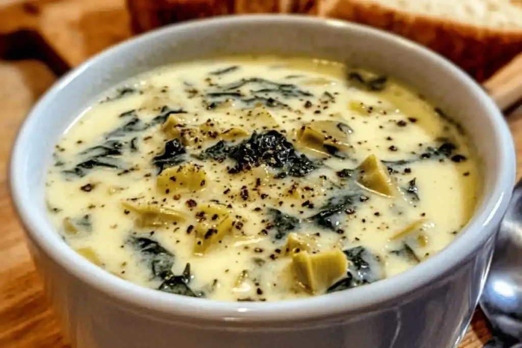 "A steaming bowl of creamy spinach artichoke soup garnished with fresh parsley and served with a side of crusty bread on a rustic wooden table."