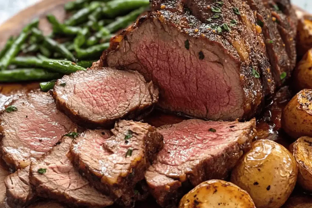 Sliced roast beef with rosemary and garlic on a wooden board
