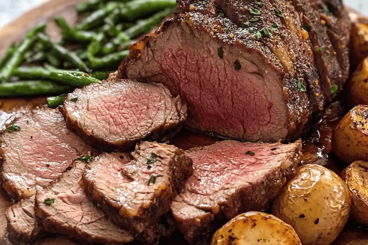 Sliced roast beef with rosemary and garlic on a wooden board