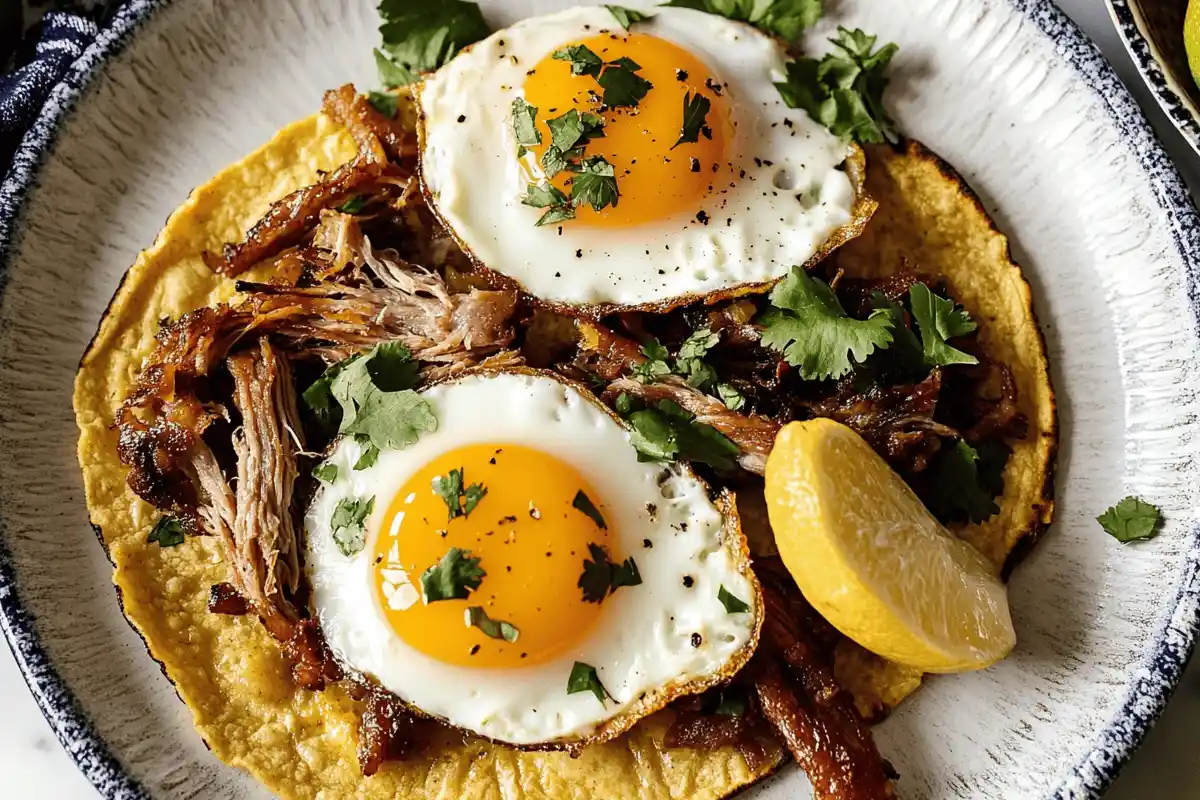 "Plate of Carnitas with Eggs, garnished with fresh cilantro, avocado slices, and salsa verde, served with warm tortillas on a wooden table."