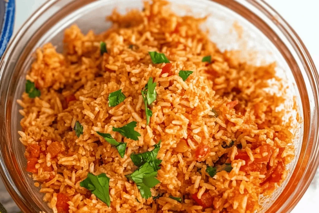 "Fluffy Spanish rice cooked in a rice cooker, garnished with fresh herbs and served in a bowl."