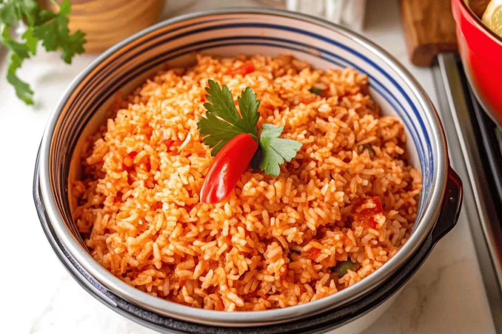 "Delicious Spanish rice cooked in a rice cooker, featuring a rich golden color and garnished with fresh herbs."