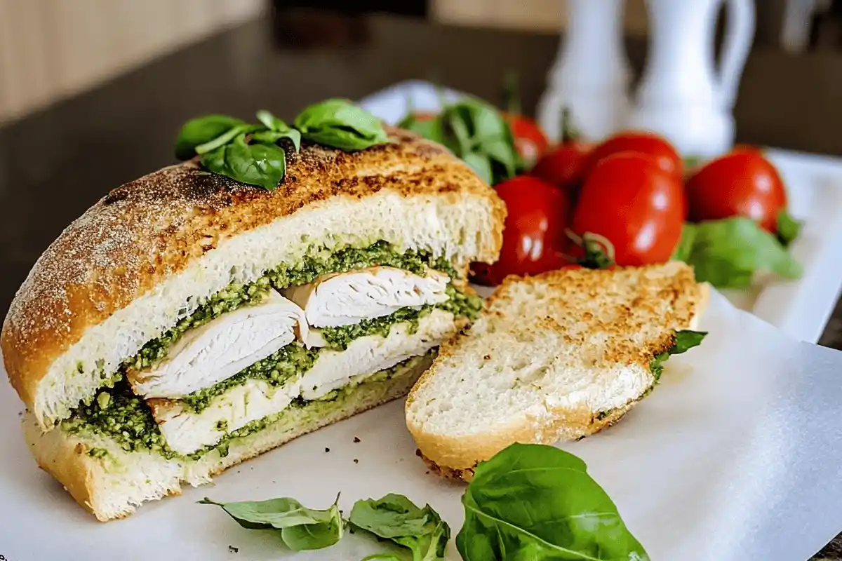 A perfectly toasted turkey pesto sandwich with layers of turkey, fresh basil pesto, melted cheese, and crisp veggies, served on a wooden plate with a side of chips.