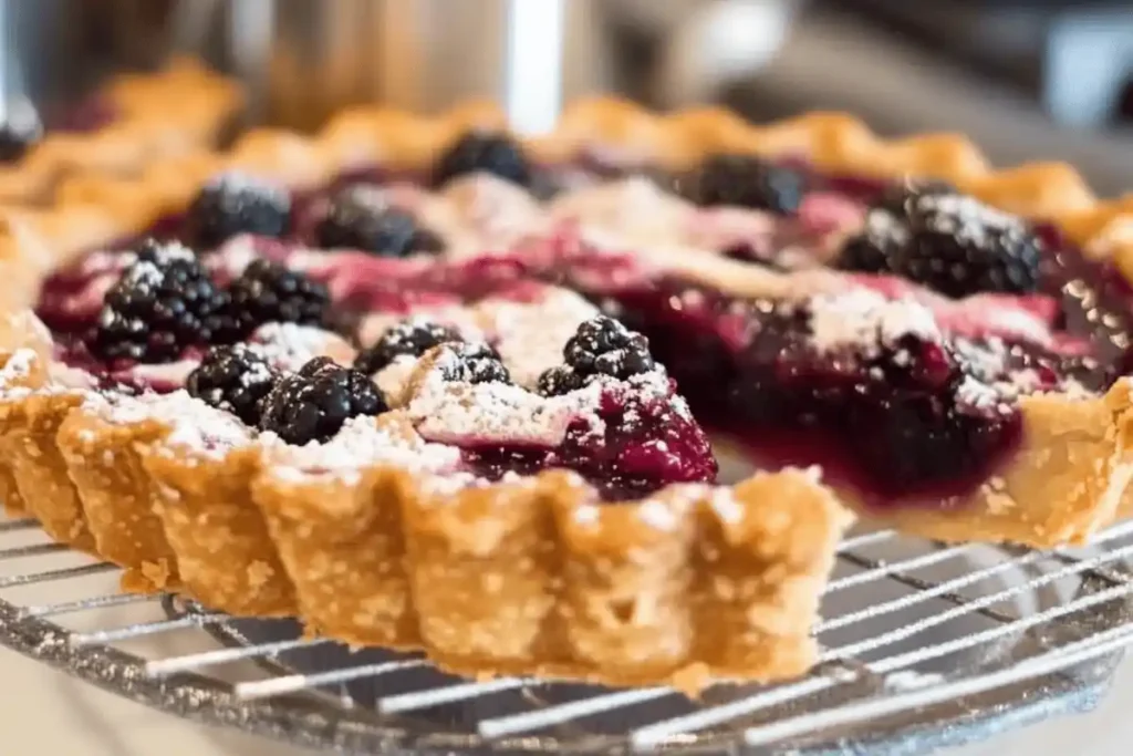 "Freshly baked mulberry pie with a golden lattice crust, served on a wooden table with a slice plated alongside vanilla ice cream."