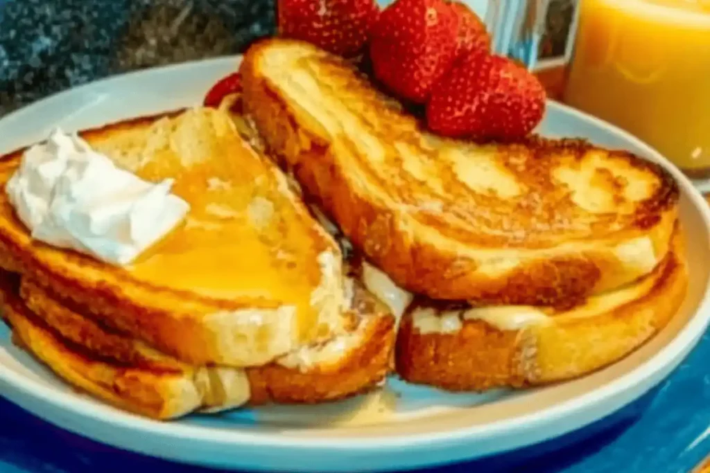 Golden slices of eggless French toast stacked on a plate, topped with fresh berries and a drizzle of syrup, surrounded by a cozy breakfast setting.