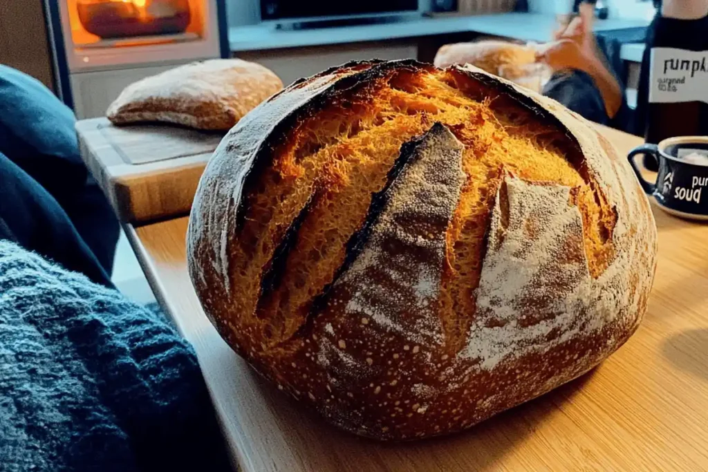 A rustic loaf of pumpkin sourdough bread with a golden crust, surrounded by autumn leaves and a sprinkle of flour on a wooden table.